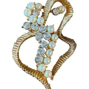 Vintage Swirl Gold Tone Brooch Pin with Pearls and Rhinestones 2.5" GIFT Retro